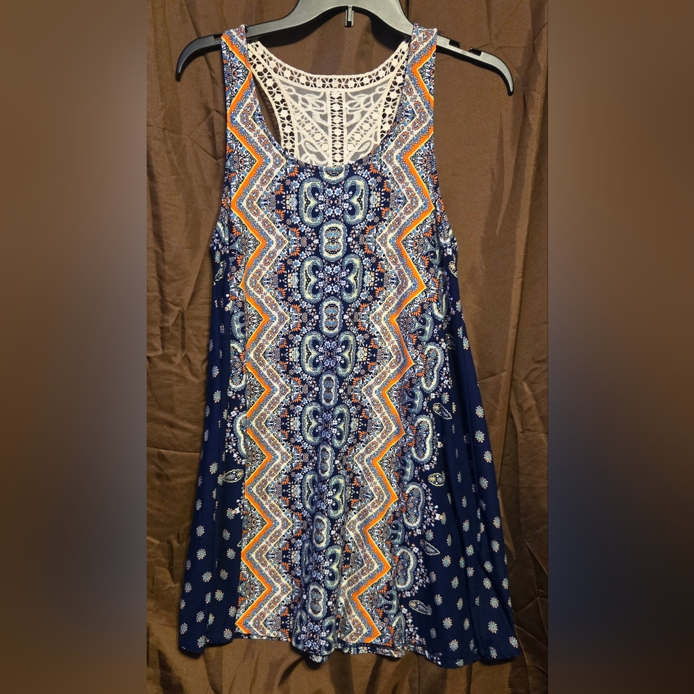 Derek Heart Boho Print Dress Crochet Lace Racerback Blue Orange Size Small
